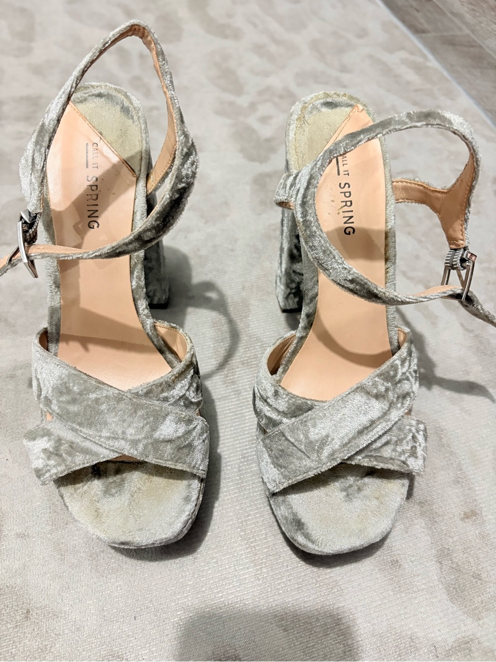 Call It Spring Silver Velvet Crisscross Block Heel Sandals